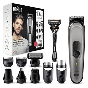 Braun Multi-Grooming-Kit 7, 10-in-1 Barttrimmer, Haarschneider/Haarschneidemaschine, Haarentfernung Herren, Kopf-, Körperhaare, 8 Aufsätze, Vatertagsgeschenk, MGK7320, schwarz/silber im Sale